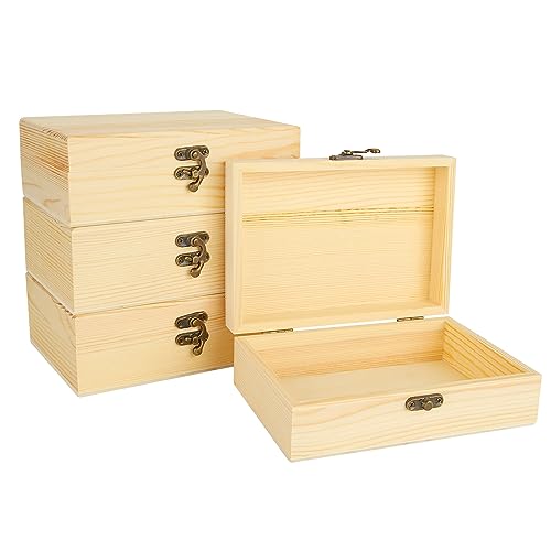 Acrux7 4 Pack Unfinished Wood Boxes, 7.2 Inch Unpainted Wooden Box with Hinged Lid, Small Plain Pine Wood Storage Boxes fo...
