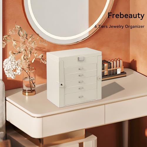 Frebeauty Large Jewelry Box,6-Tier PU Leather Jewelry Organizer,Multi-functional Storage Case with Mirror,Accessories Hold...