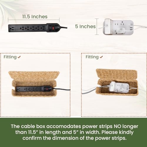 Cable Management Box, Handmade Rattan Cable Organizer with 2 Open Slots, Cord Hider for Power Strip, Router & USB Hub, Reg...