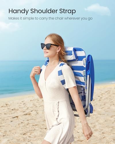 SONGMICS Portable Backpack Beach Chair, 331 lb Capacity, 4 Angles Adjustable Backrest, 2 Side Pockets, Towel Bar, Blue and...