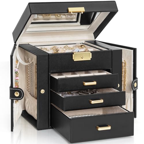 AKOZLIN 4-Tier Jewelry Box Leather Jewelry Storage Organizer with 3 Drawers Lockable for Women Girls Ring Necklace Earring...