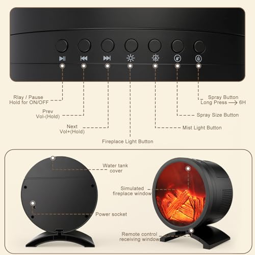 Fireplace Flame Oil Diffuser with Speaker & 260mL Fire Oil Diffuser,Essential Oil Diffuser 5 Color Fire Aroma Diffuser Aro...