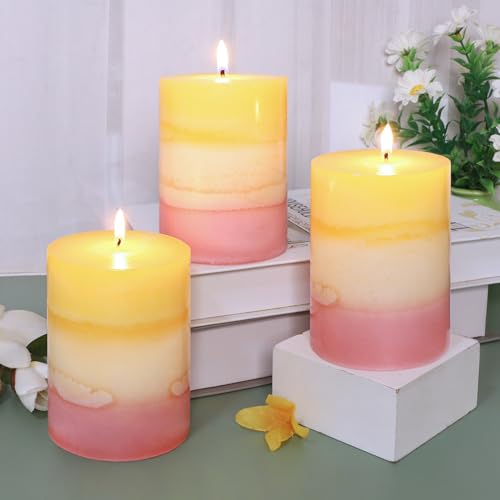 Sweet Scented Candles 3x4 Inch Pillar Candle Honeysuckle Scented Layered Yellow White Pink Aesthetic Decorative Candle for...