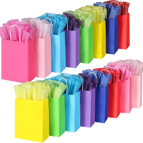 BLEWINDZ 32 Pieces Gift Bags with 32 Tissues, 8 Colors Party Favor Bags with Handles, Rainbow Gift Bag for Wedding, Birthd...
