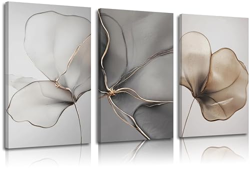 Abstract Floral Canvas Wall Art - Minimalist Gold Line Petal Picture Wall Decor - Modern Neutral Botanical Print Artwork f...