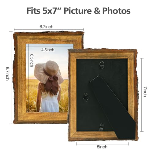 Golden State Art, 5x7 Picture Frame Rustic Brown, Solid Wood Picture Frame with Bark Edges & Real Glass Cover, Display Pos...