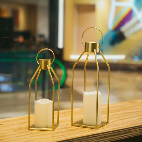 HPC Decor Modern Farmhouse Lantern Decor- Gold Metal Candle Lanterns for Christmas- Lanterns Decorative w/Timer Flickering...