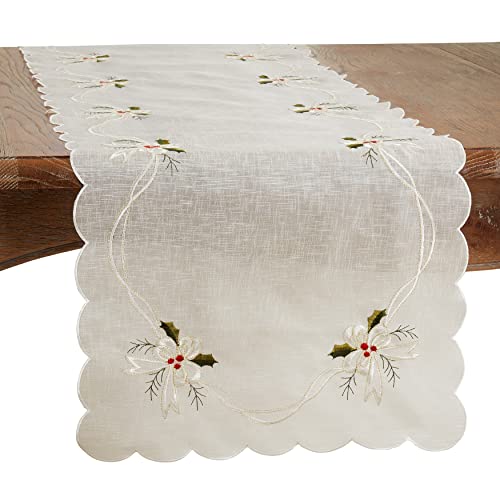 SARO LIFESTYLE Winika Collection Embroidered Holly and Ribbon Table Runner, 16"x90", White