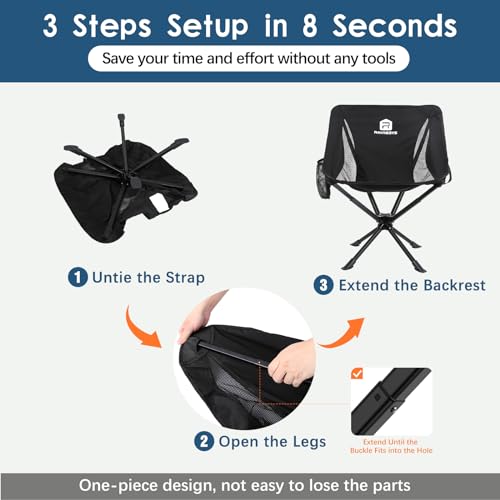 Raynesys 1 Pack Portable Camping Chair, Flexible 360° Rotation, Easy Carry, 8 Seconds Quick Setup Folding Camping Chair, ...