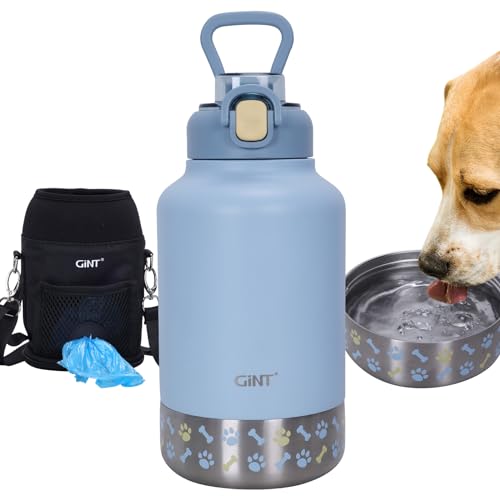 GiNT 37oz Insulated Stainless Steel Dog & Human Water Bottle, All-in-1 Travel Dispenser with Detachable Bowls & Carrying C...