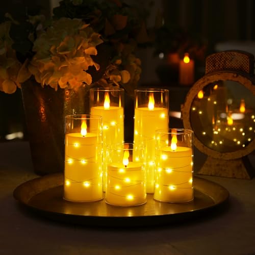 Homemory Flameless Candles with Embedded Star String Fairy Lights, Battery Operated Candles, LED Candle, Fake Candles with...