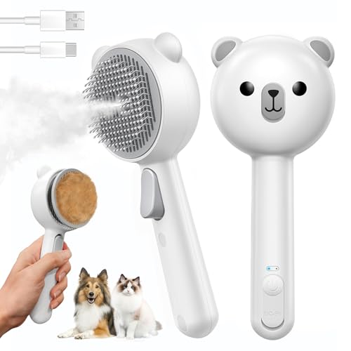 Pecait Cat Steam Brush, Self Cleaning Pet Spray Hair Removal Comb with Release Button, 3 in 1 Cat Brush for Indoor Cats fo...
