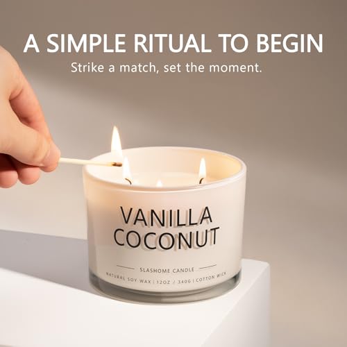 Vanilla Coconut Scented Candle, Luxury Large 3 Wick Soy Candle 12 Oz, 60+ Hour Long Lasting Clean Burn, Elegant Aromathera...