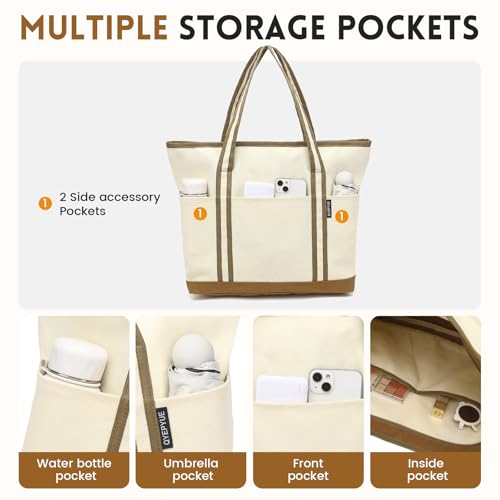 QYEPYUE Large Canvas Tote Bag for Women, Beach Bag with Zipper, Utility Tote Bag with 3 Front Pockets, Weekender Pool Bag