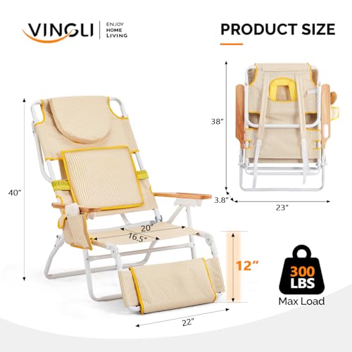VINGLI Deluxe 3 in1 Beach Chair, Tanning Chair with Face Hole, Reclining Lounge with Foot Rest, Cup Holder and Storage Ba...