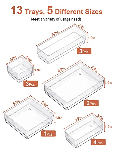 SMARTAKE 13-Piece Drawer Organizer with Non-Slip Silicone Pads, 5-Size Desk Drawer Organizer Trays Storage Tray for Makeu...