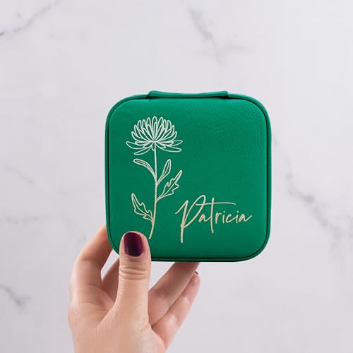 Custom Leather Jewelry Box w/Name & Birth Flower Month - Birthday Gifts for Women, Personalized Jewelry Travel Case - Cust...
