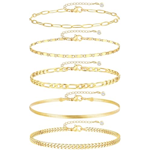 iF YOU Gold Ankle Bracelets for Women, 14k Gold Plated Waterproof Cuban Link Chain Anklets Set, Layered Anklet Bracelets f...