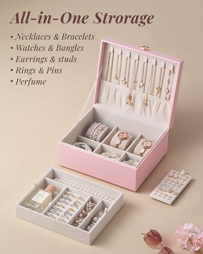pickpiff 2 Layer Jewelry Box Organizer for Women, Jewelry Organizer with Handle & Removable Tray, Necklace Holder Ring Ear...