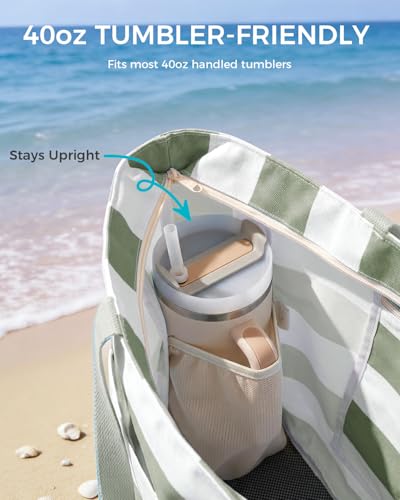 WANDF Beach Bags for Women, Large Waterproof Sandproof Beach Tote Bag with Zipper Family Pool Bags with 40oz Tumbler Pocke...