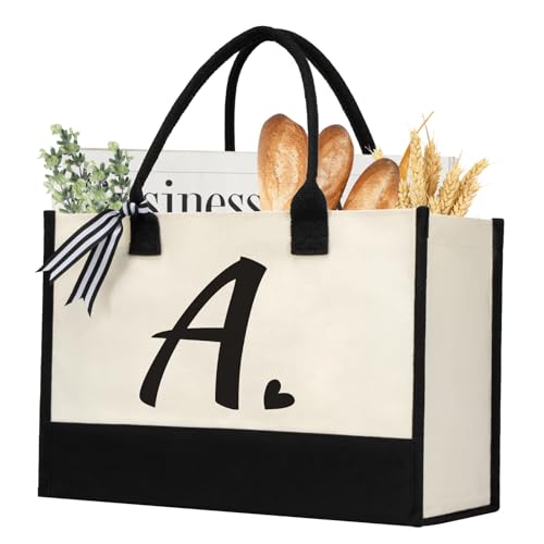 shenee Initial Canvas Tote Bag, Personalized Beach Jute Bag Present for Women Holiday,Friends Birthday Gift,Wedding, New Year