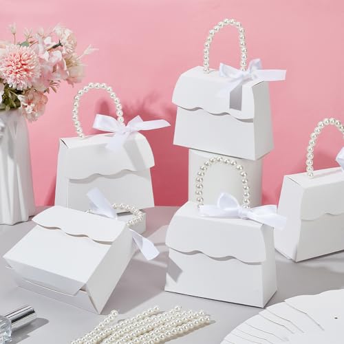 BENECREAT 16 Sets White Wedding Favors Box DIY Set, Kraft Paper Box with Pearl Handle, Ribbons, Stickers, Gift Boxes for B...