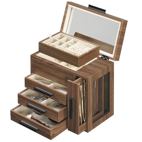 HOOBRO Jewelry Box with Mirror, Wooden Jewelry Organizer Box with Side Clear Acrylic Panel, Large Jewelry Case for Earring...