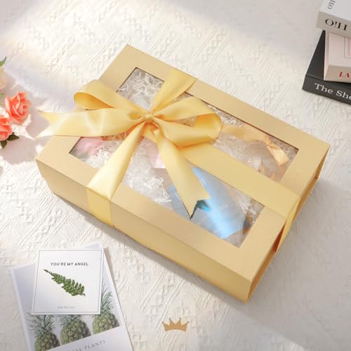 PACKQUEEN Large Kraft Gift Box with Window, 13.5x9x4.1 Inches Clear Gift Box for Present Contains Ribbon, Card, Groomsman ...
