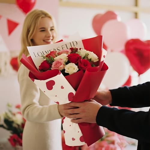 LeZakaa 20 Sheets Flower Wrapping Paper, Red Heart Design Waterproof Floral Bouquet Paper for Valentine's Day, Wedding, An...