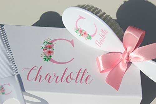 Personalized Baby Brush & Comb Set Gift Girl, Pink Floral Initial Toddler Custom Sets, Baby Gifts for Newborn Girls, ECO F...
