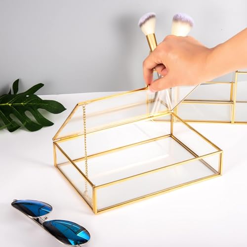 Feyarl Gold Glass Jewelry Trinket Box 5 x 7 Photo Cards Shadow Lidded Box Organizer Collection Display Case Decorative Kee...