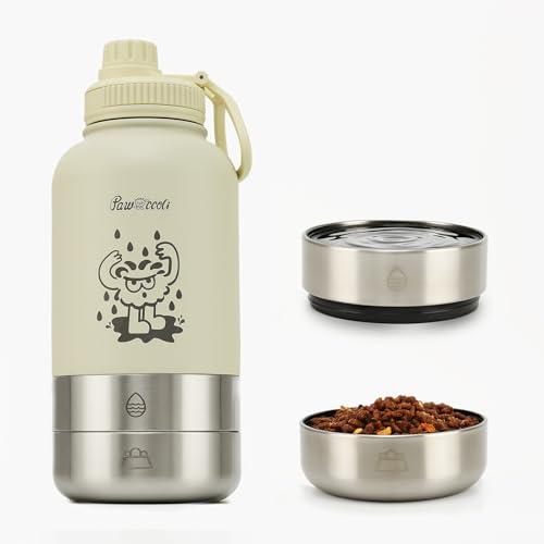 Pawccoli 34oz Dog Water Bottle, Stainless Steel Dog Water Bottle Dispenser with Detachable Food & Water Bowls, Keeps Water...