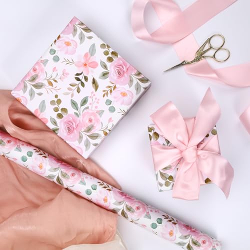 BIOBROWN Reversible Floral Wrapping Paper Roll - 17 Inches X 33 Feet (47 sq. ft. ttl.) Pink Watercolor Roses Design Flower...