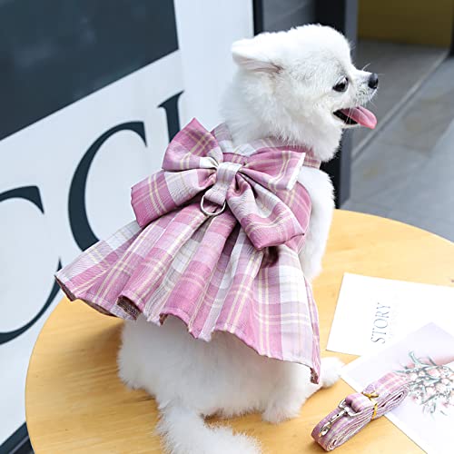 PETCARE Plaid Dog Dress Bow Tie Harness Leash Set for Small Dogs Cats Girl Cute Princess Dog Dresses Spring Summer Puppy B...
