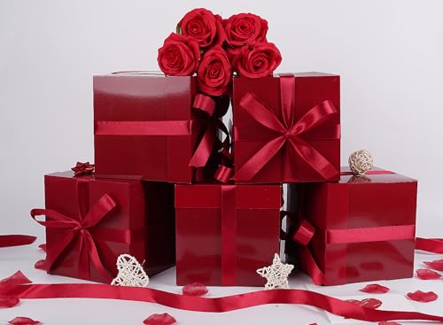 Jaywayang 5 Pack Red Gift Boxes with Lids, Ribbons and Tissue Papers Square Gift Boxes - 7.1 Inch - Christmas Presents Wra...