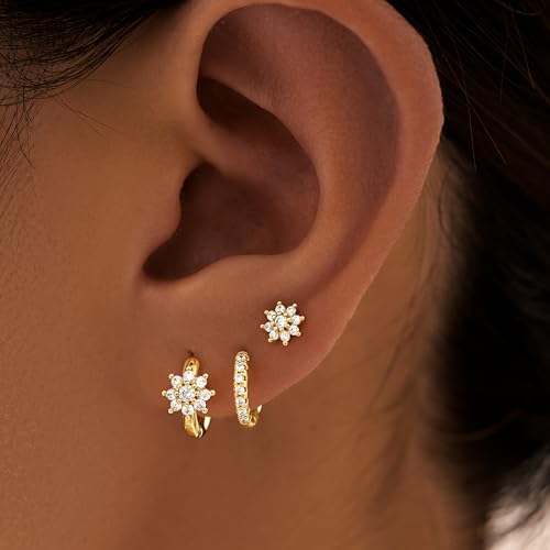3 Pairs Gold Green Huggie Earrings for Women Stackable, Small Dainty Cartilage Helix Hoops & Hypoallergenic Earring Set, C...