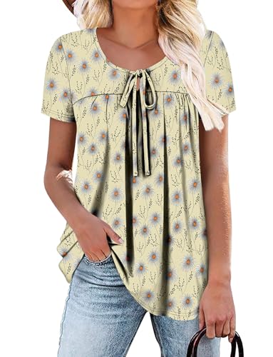 BETTE BOUTIK Womens Summer Tops Corded Short Sleeve Tunic Shirts Pleated Crewneck Corded Tops Blouses S-3XL
