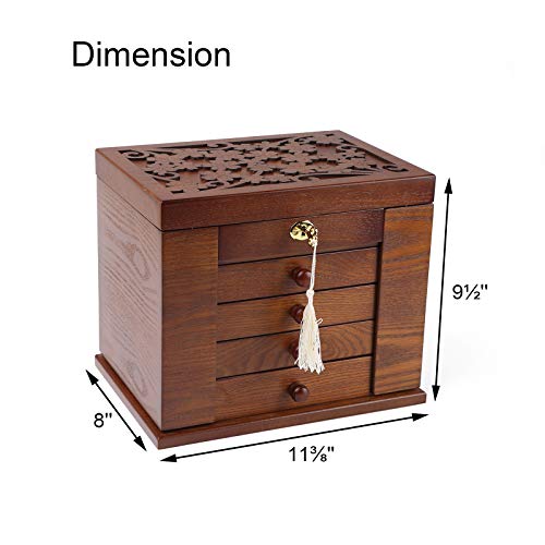 Changsuo Wooden Jewelry Box for Women, Organizer Box of Solid Wood with Lock and Key for Jewelries, Watches, Necklace, Rin...