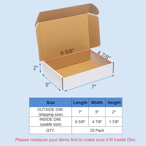 Wowxyz Shipping Boxes 7x5x2" 25 Pack - White Corrugated Cardboard Box Mailers for Small Business, Literature Mailer Box Pa...