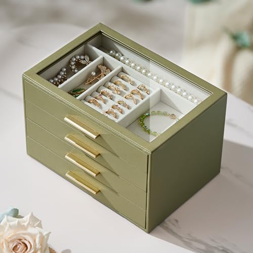 Jewelry Box Organizer Case for Women: 4-Layer Jewelry Storage Case with Glass Window, Olive Green Leather with Cream Velve...