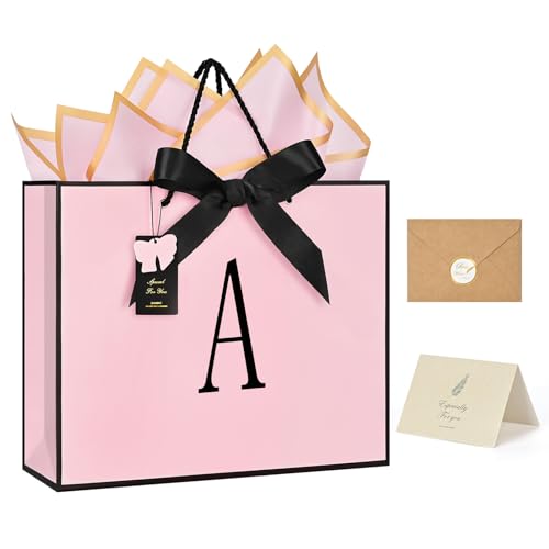 ZUKEPU Birthday Gift Bag, Personalized Initial Pink Gift Bags for Women & Girls, Medium Valentines Gift Paper Bags with Ca...
