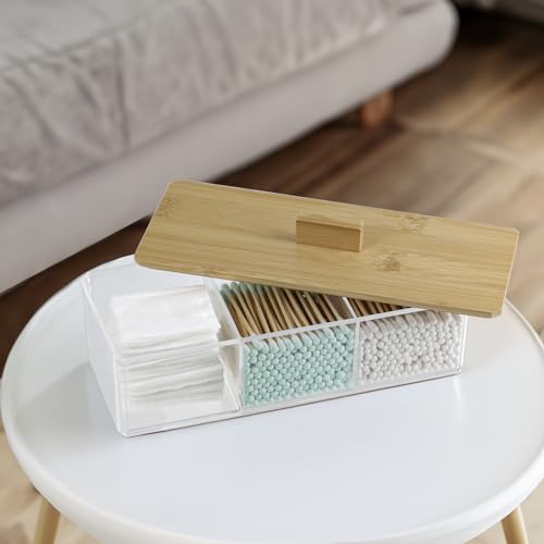 ZEXALOR Clear Bathroom Dresser Organizer - Cotton Ball Swab Holder with 3 Divided Compartments&Lid, Waterproof Transparent...