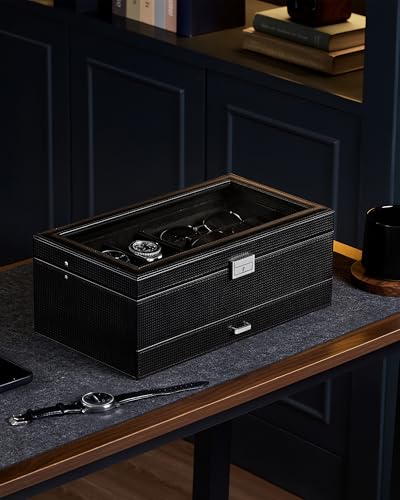 ProCase Mens Jewelry Box, Lockable 6 Slot Watch Case & 3 Slot Sunglasses Organizer, 2-layer Mens Jewelry Organizer Watch B...
