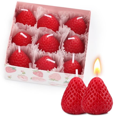 9 Pack Strawberry Shaped Scented Candles, Red Mini Soy Wax Fruit Aroma Decorative Candles, Realistic Strawberry Design for...