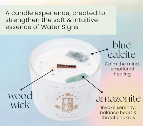 Pisces, Cancer, Scorpio Gifts for Women - 12oz Wood Wick Candles that Crackle with Crystals and Healing Stones. Healing Cr...