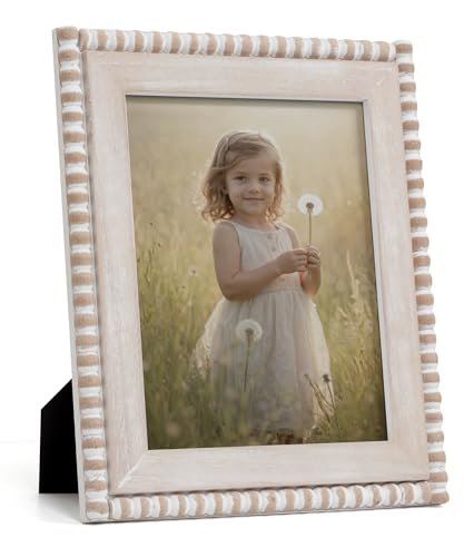 Afuly 8x10 Farmhouse Picture Frame Boho White Beads Photo Frame Wooden Distressed Wall Hanging Desk Standing Decor Artwork...