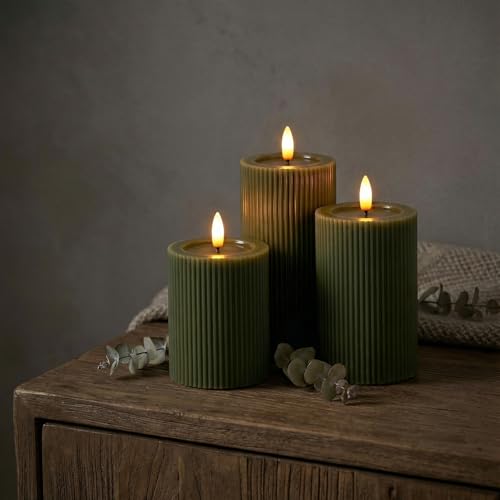 WYZworks Ribbed Fluted Real Wax Flameless LED Pillar Candles, Loden Sage Olive Green, Melted-Wax Top Look, Flickering Flam...