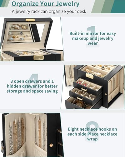 AKOZLIN 4-Tier Jewelry Box Leather Jewelry Storage Organizer with 3 Drawers Lockable for Women Girls Ring Necklace Earring...