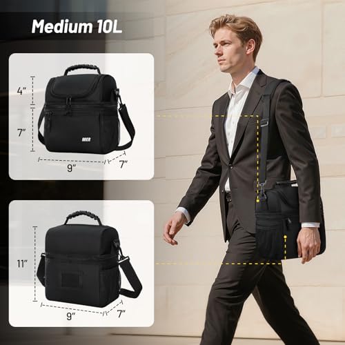MIER Insulated Lunch Box Dual Compartment Lunch Bag Leakproof Cooler for Men Women Adult Work, Black, Medium (Upgraded Ext...