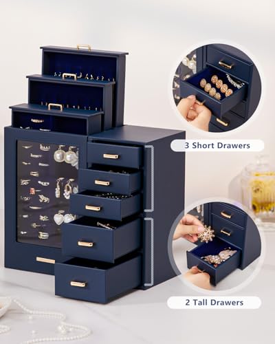 Homde Large Jewelry Box/Organizer/Case with Glass Window, Drawers for Necklaces Earrings Rings Bracelets Watches Gift for ...